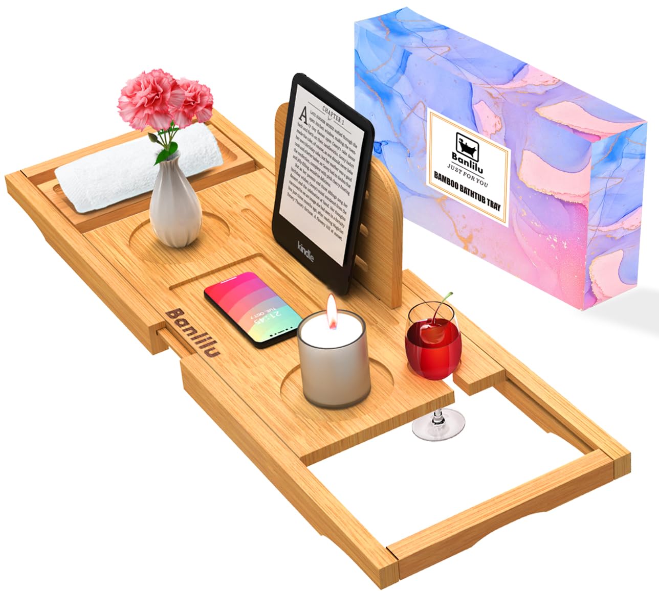 Banlilu bathtub tray fits most tubs and expands to accommodate wide rims.