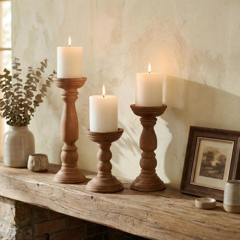 BANOMII candle holders for the fireplace mantel add timeless rustic charm.