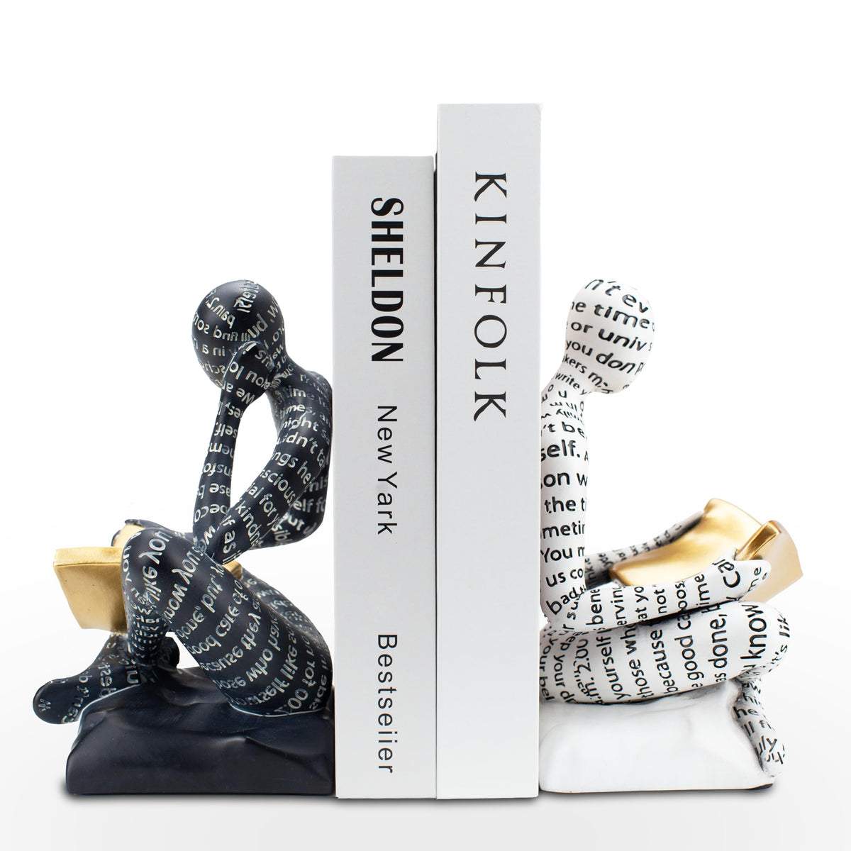 BANOMII heavy-duty thinker bookend stabilizes large book collection on a shelf