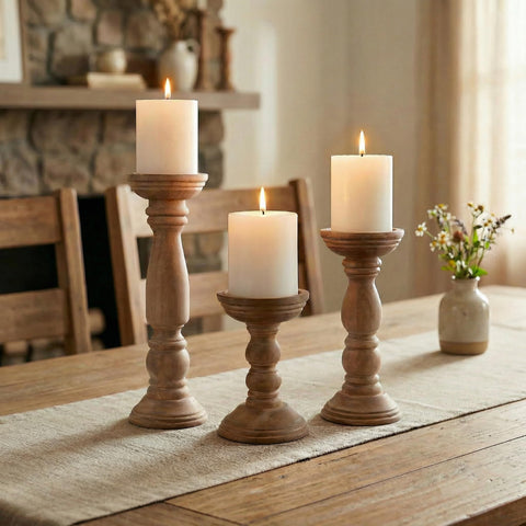 BANOMII handmade three-piece candle holder set showing natural grain variations.