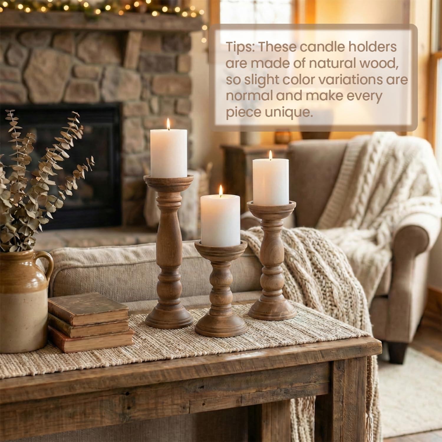 BANOMII warm wood grain pairs with greenery for cozy decor.
