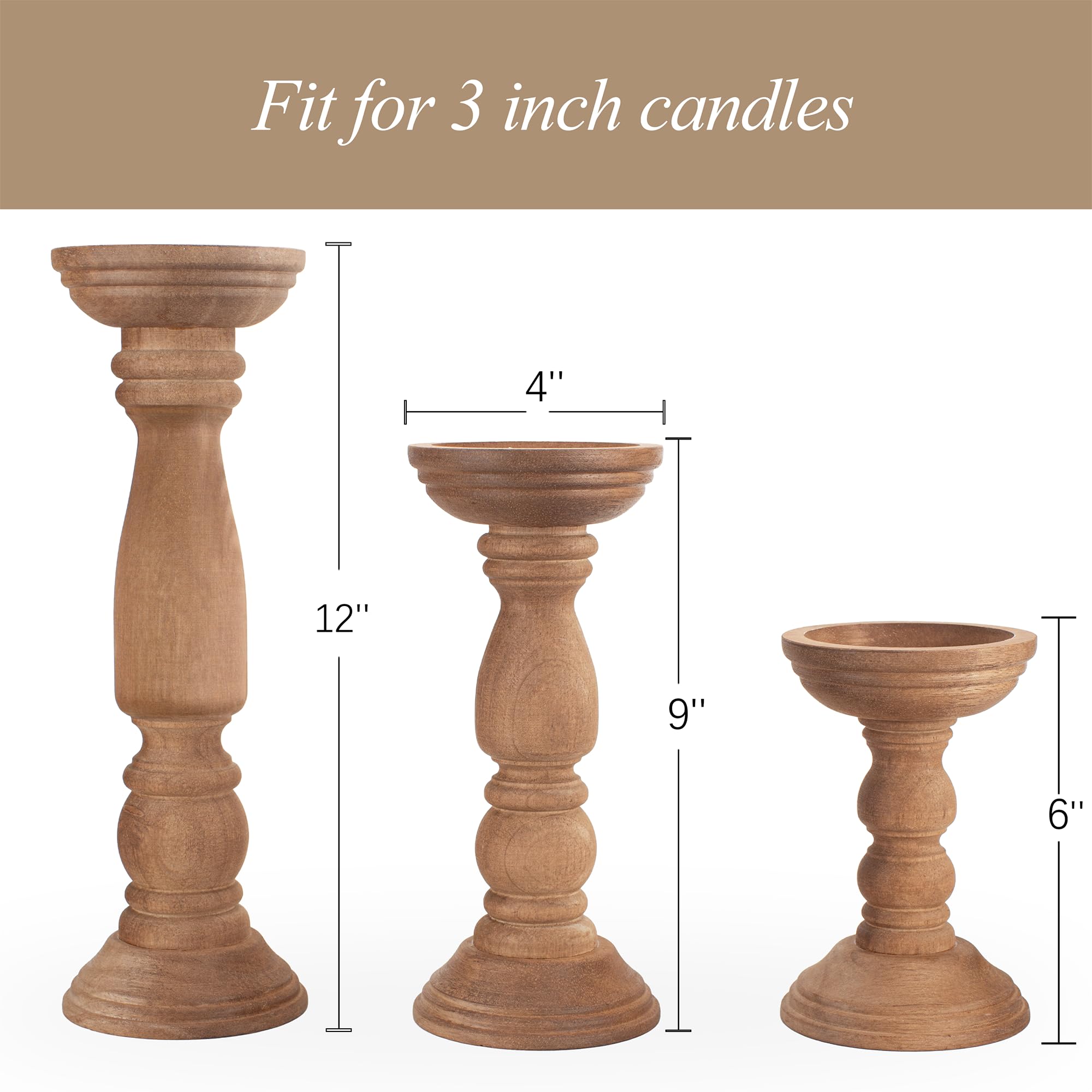 BANOMII wood candle holders create a dining table centerpiece with varied heights.