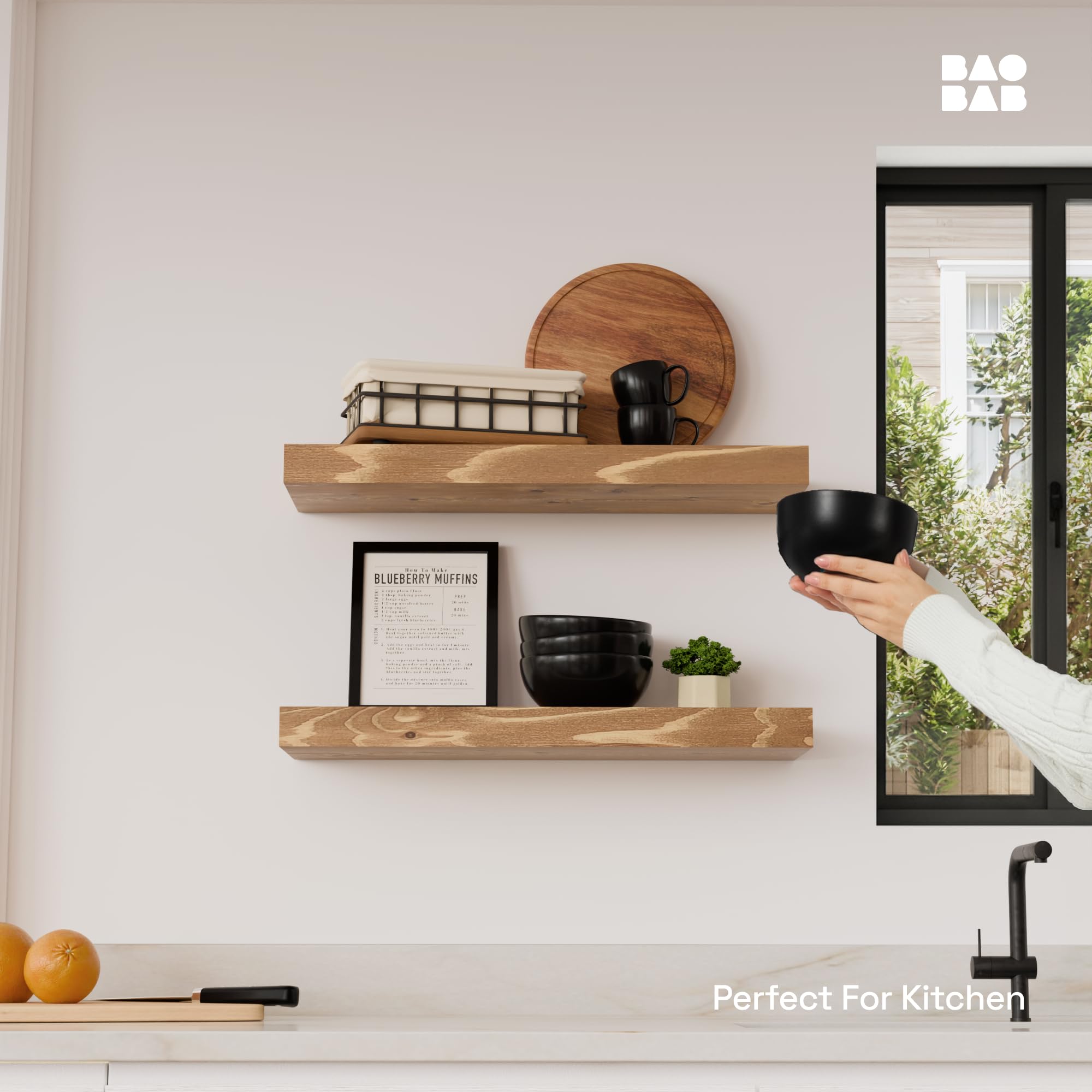 BAOBAB WORKSHOP oak floating shelves wall mount for rustic kitchen display.