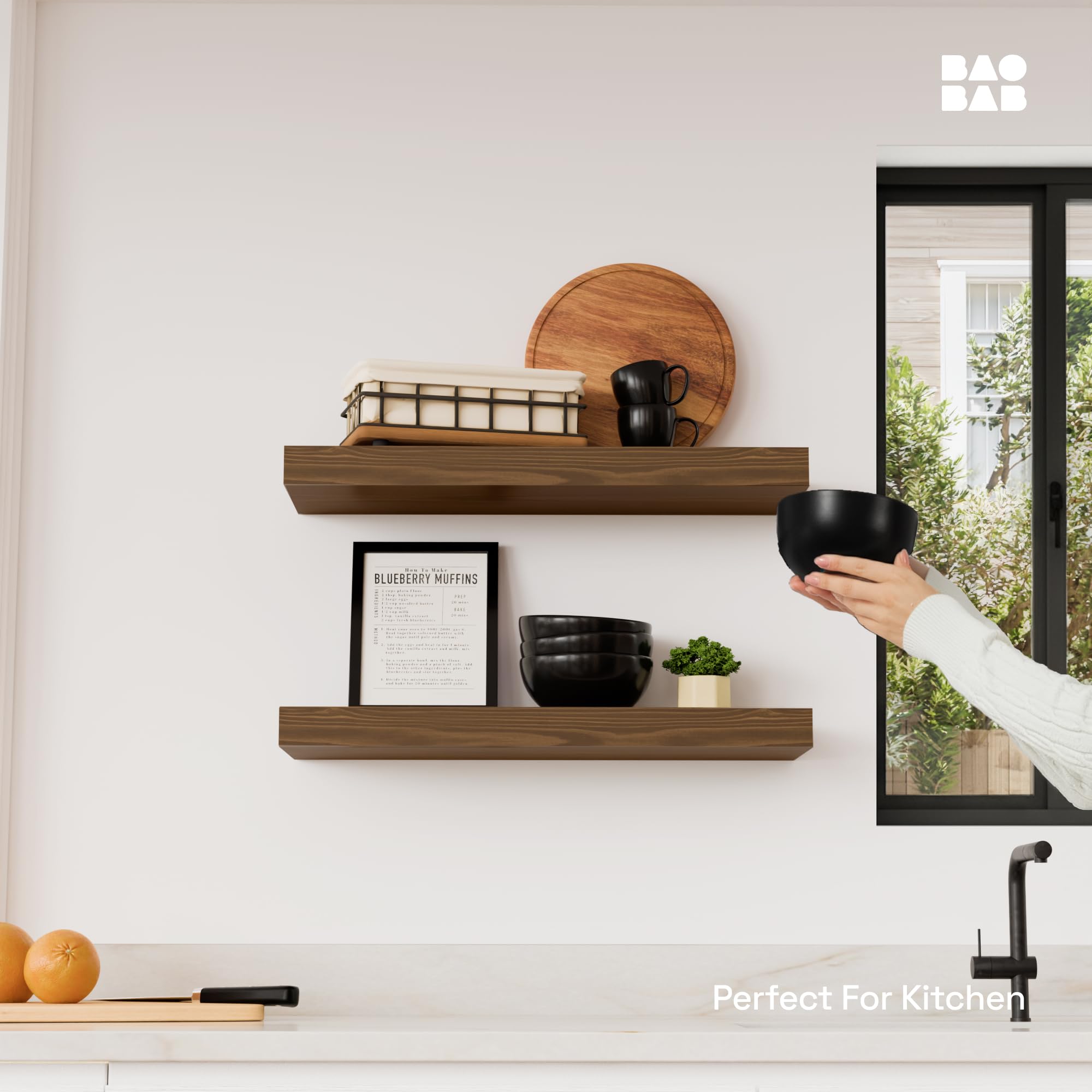 BAOBAB WORKSHOP wall shelves in set of 2 mounted demonstrates space-saving storage