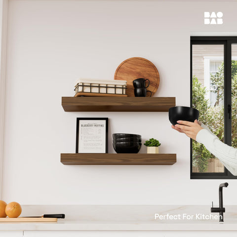 BAOBAB WORKSHOP wall shelves in set of 2 mounted demonstrates space-saving storage