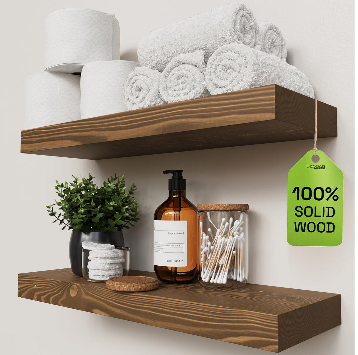 BAOBAB WORKSHOP walnut wood floating shelves close-up shows grain for rustic farmhouse appeal