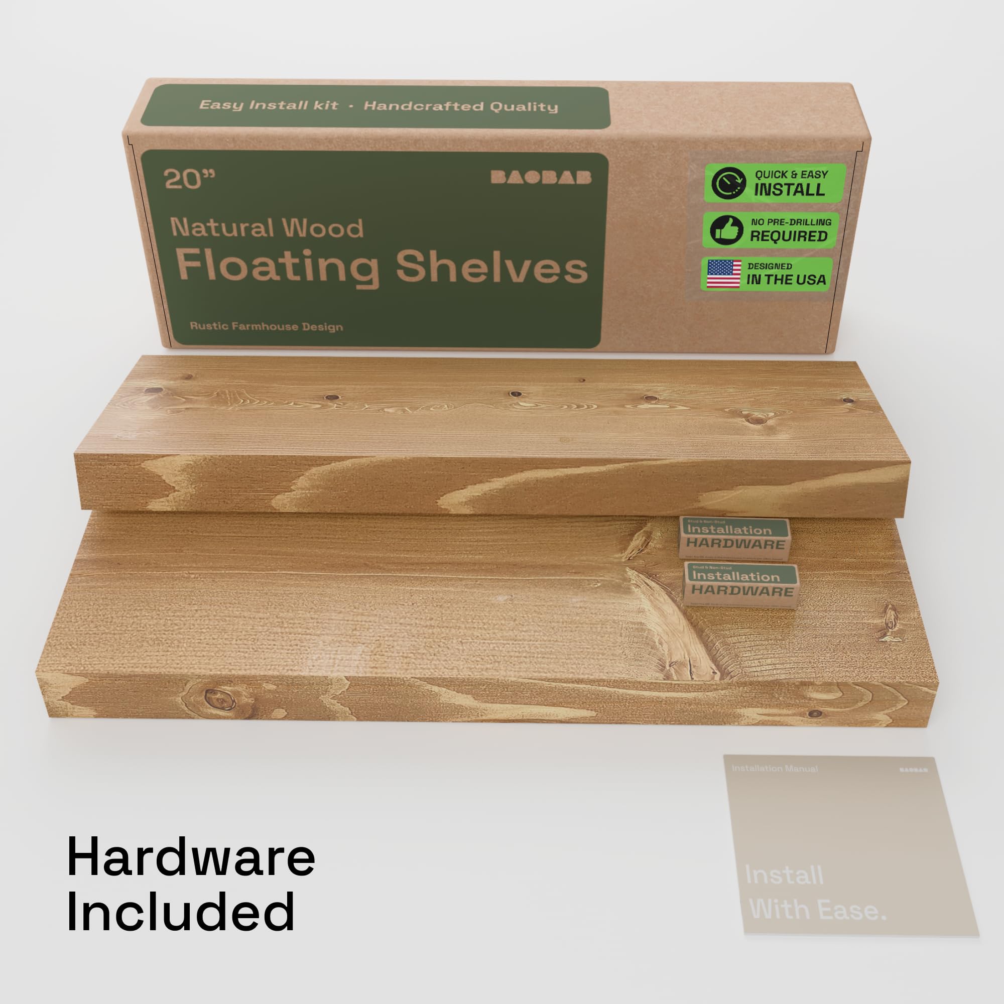 BAOBAB WORKSHOP white oak finish shelves ideal for bathroom and bedroom decor.