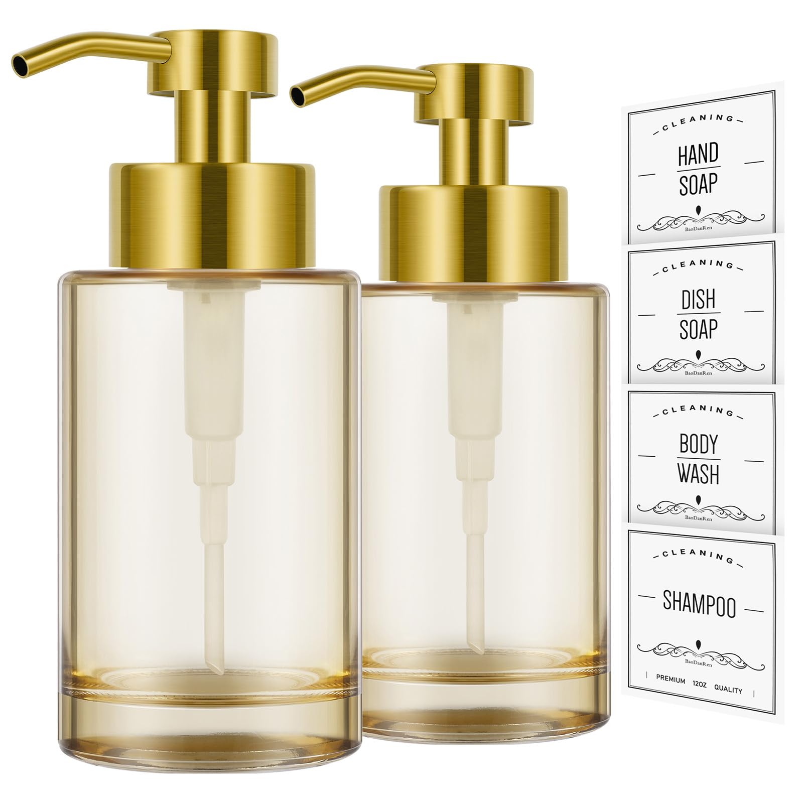 BaoDanRen glass soap dispenser with gold pump 12oz capacity for hand soap