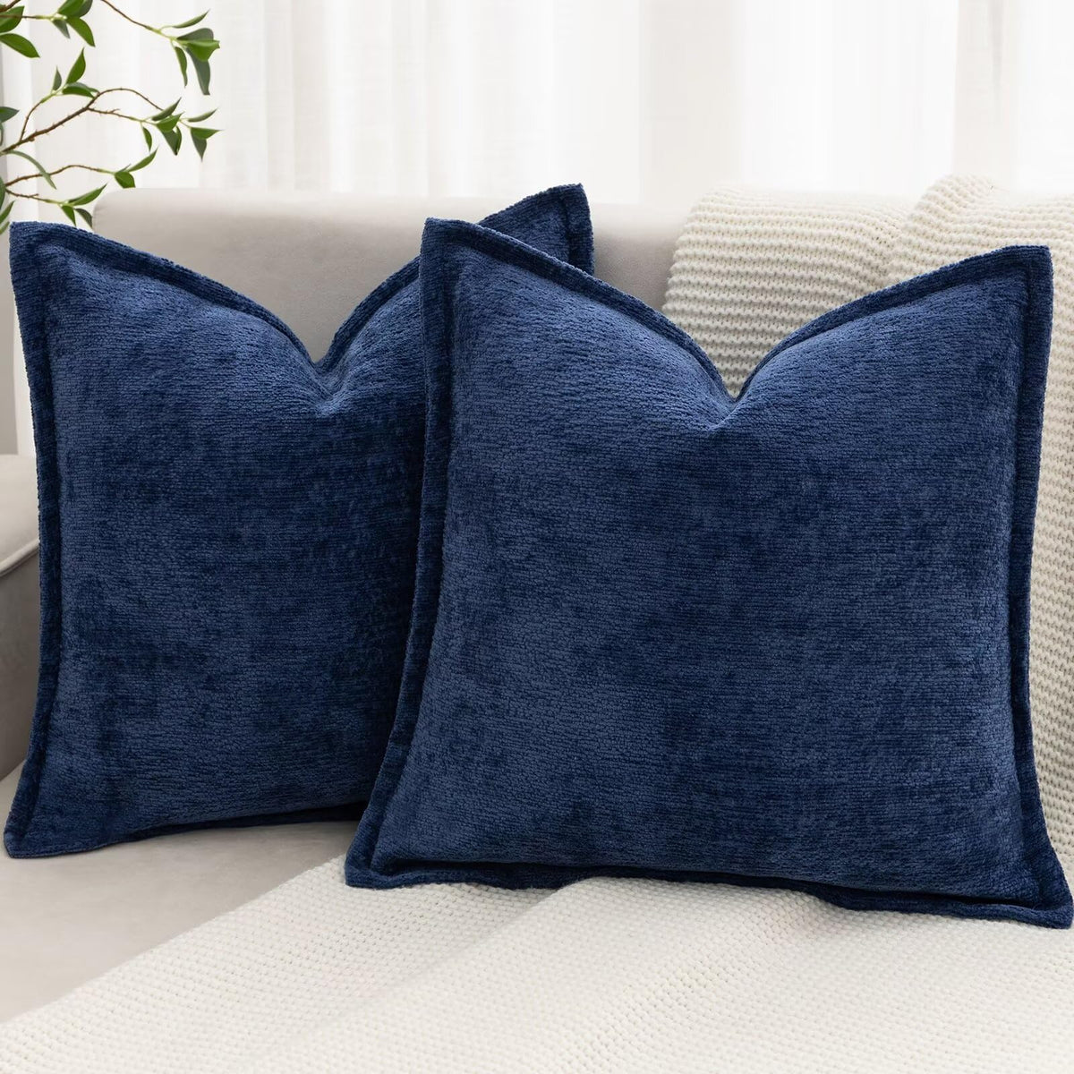 BAOLIZEGAO navy blue chenille pillow cover front view enhances cozy sofa styling