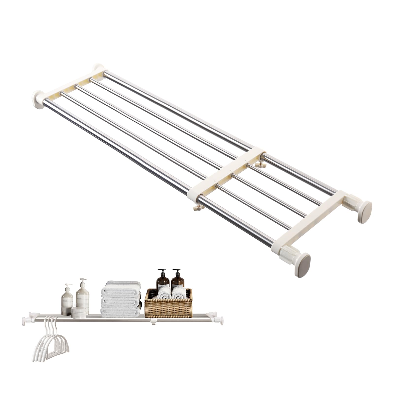 Baoyouni tension shelf ivory closet rod extended to 46 inches for flexible storage.