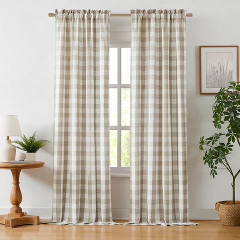 Bapawfish beige buffalo plaid curtain panel front view highlights cozy farmhouse style