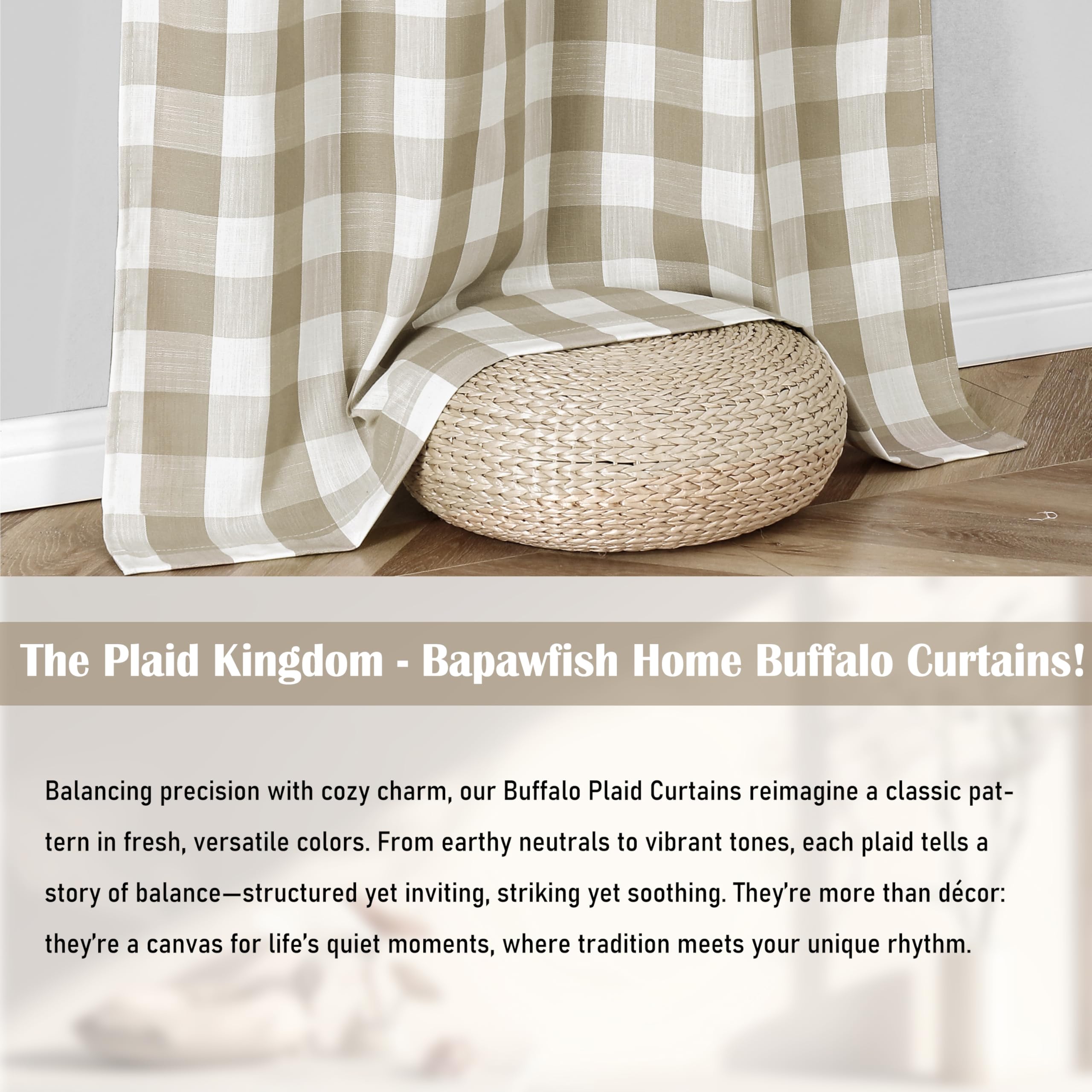 Bapawfish beige buffalo plaid curtain panel side view showcases versatile room decor