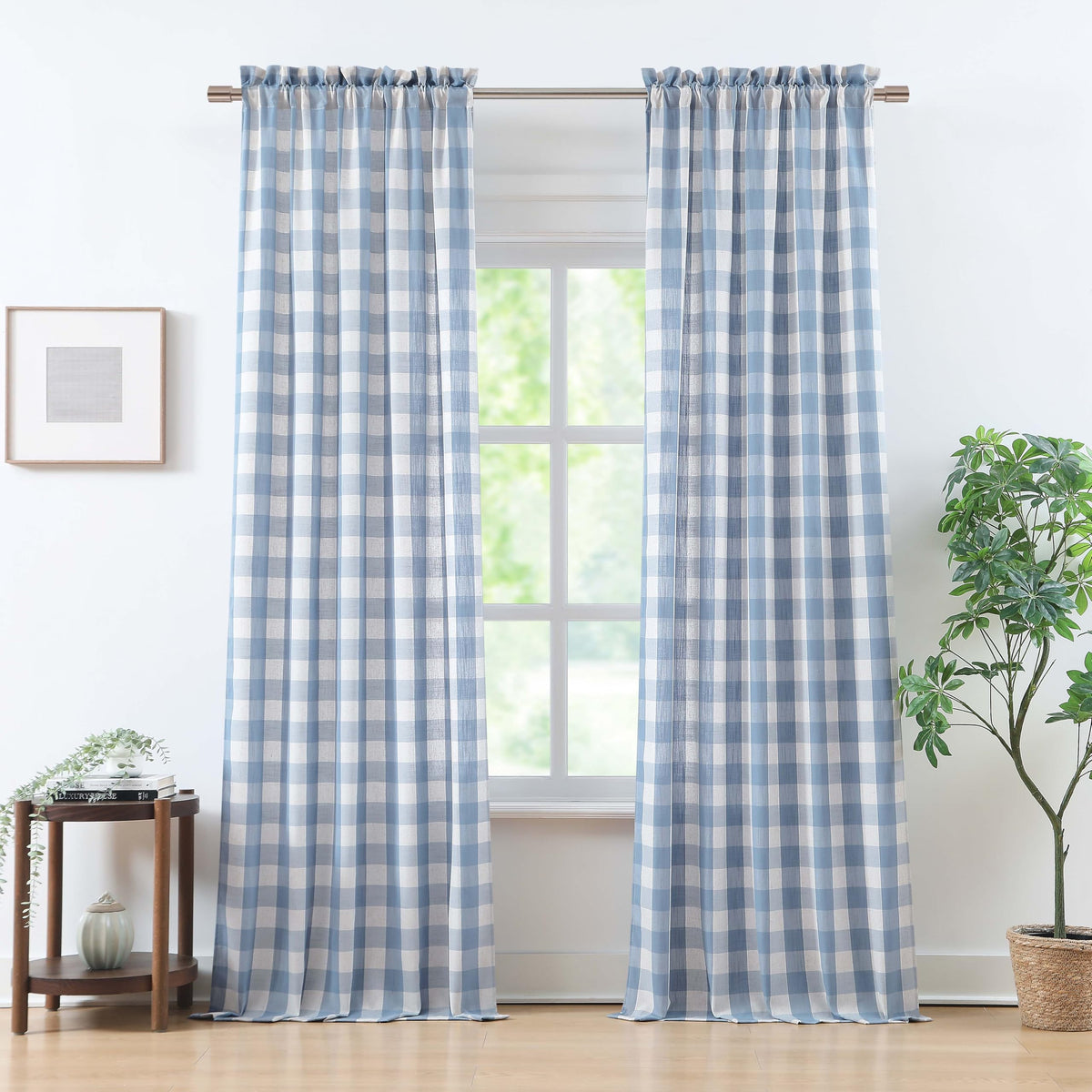 Bapawfish buffalo plaid curtain panel in beige-dusty blue adds subtle texture to a room.