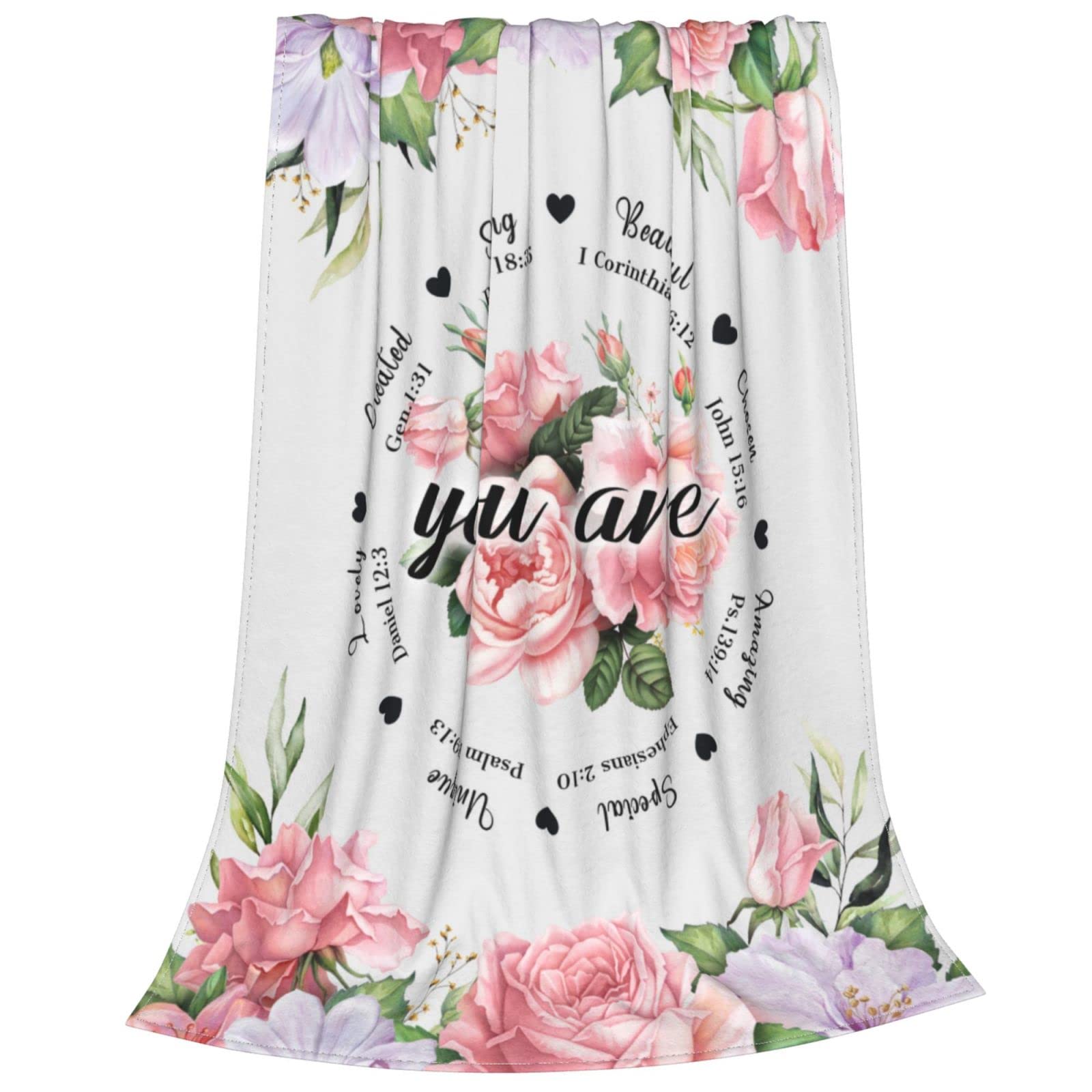 Bapcoku pink floral Scripture blanket closeup shows bright inspirational design.