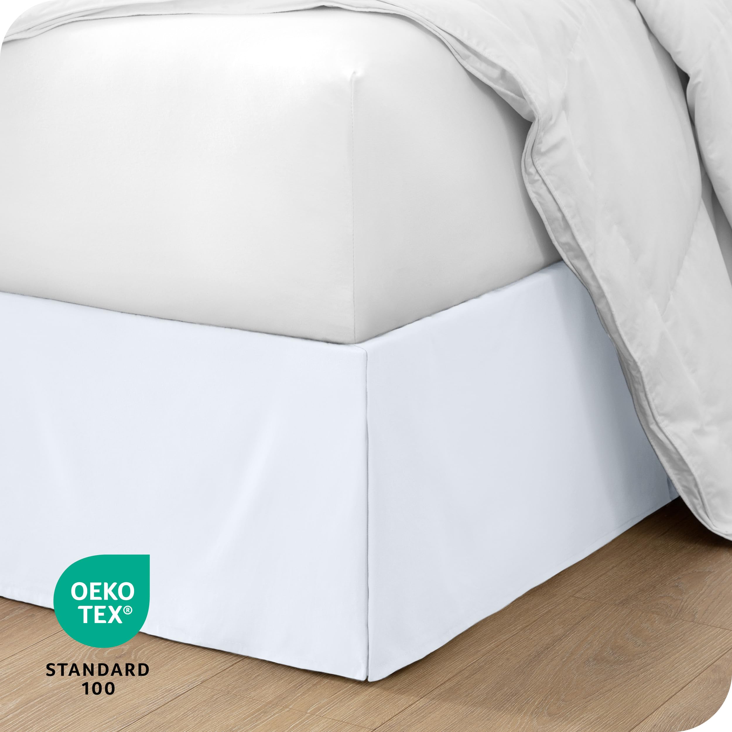 Bare Home white bed skirt blends with bedding for a cohesive look