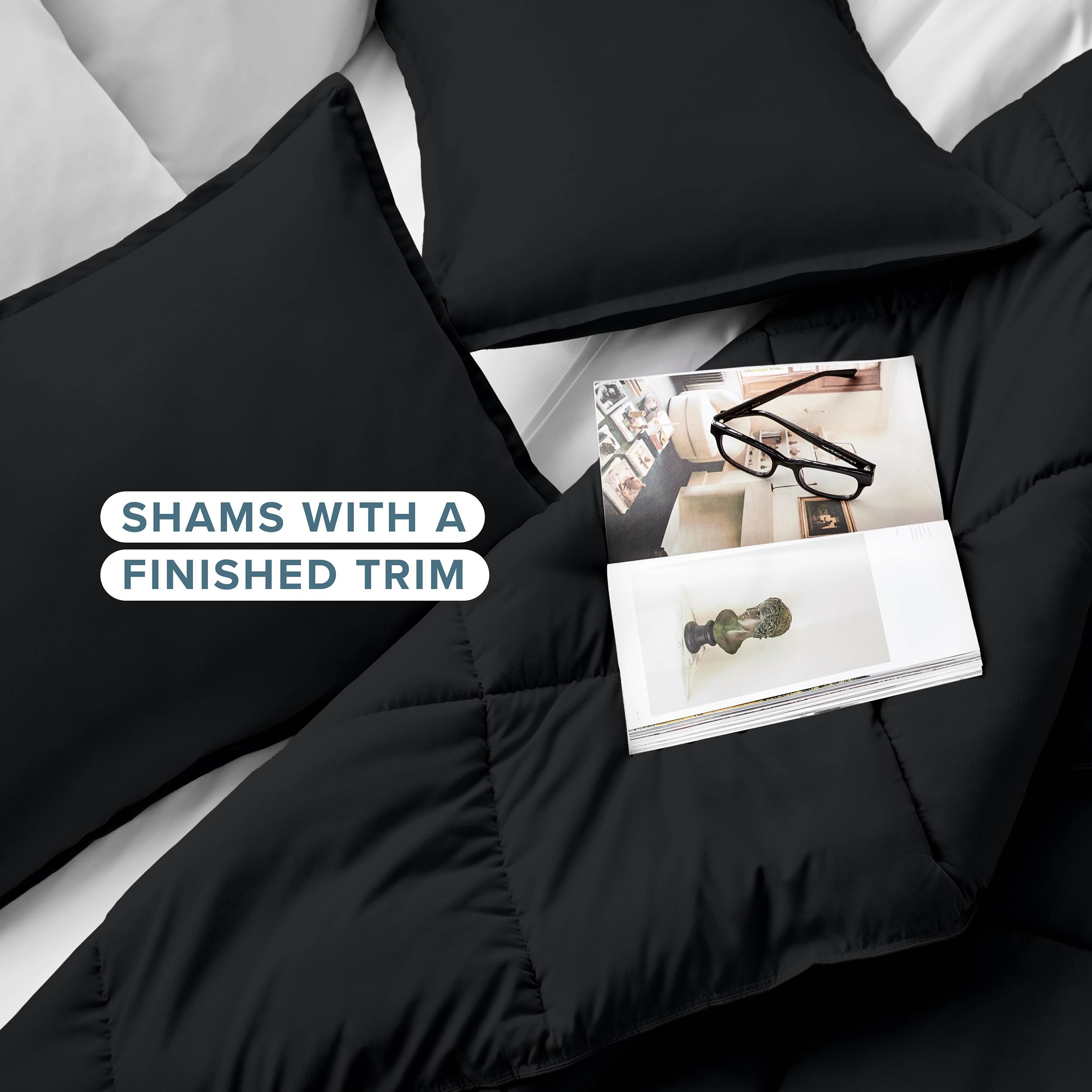 Bare Home black queen comforter draped over bed for a sleek vibe