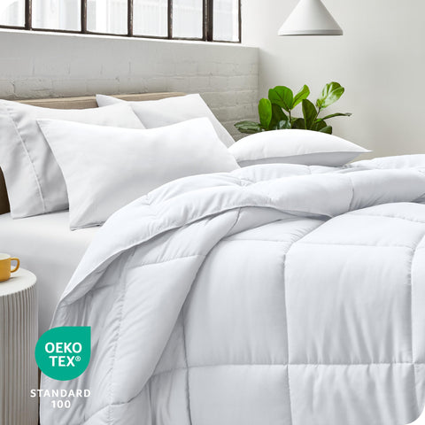 Bare Home comforter on bed with two-tone color panel.