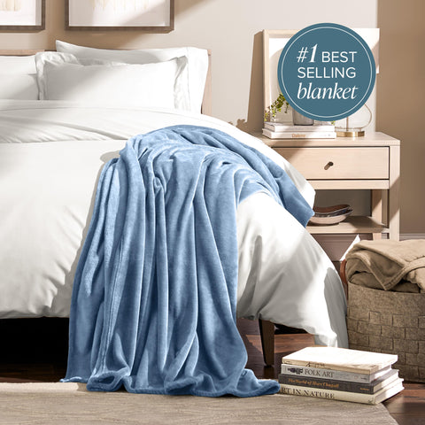 Bare Home Coronet Blue blanket on couch for relaxed evenings