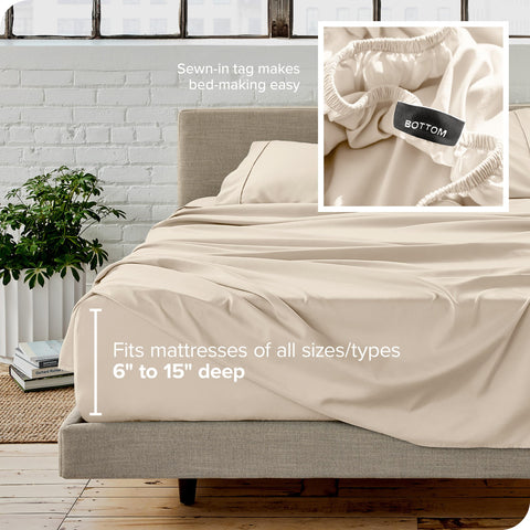 Bare Home Deep Pocket fitted sheet improves mattress grip with 15 inch pocket.