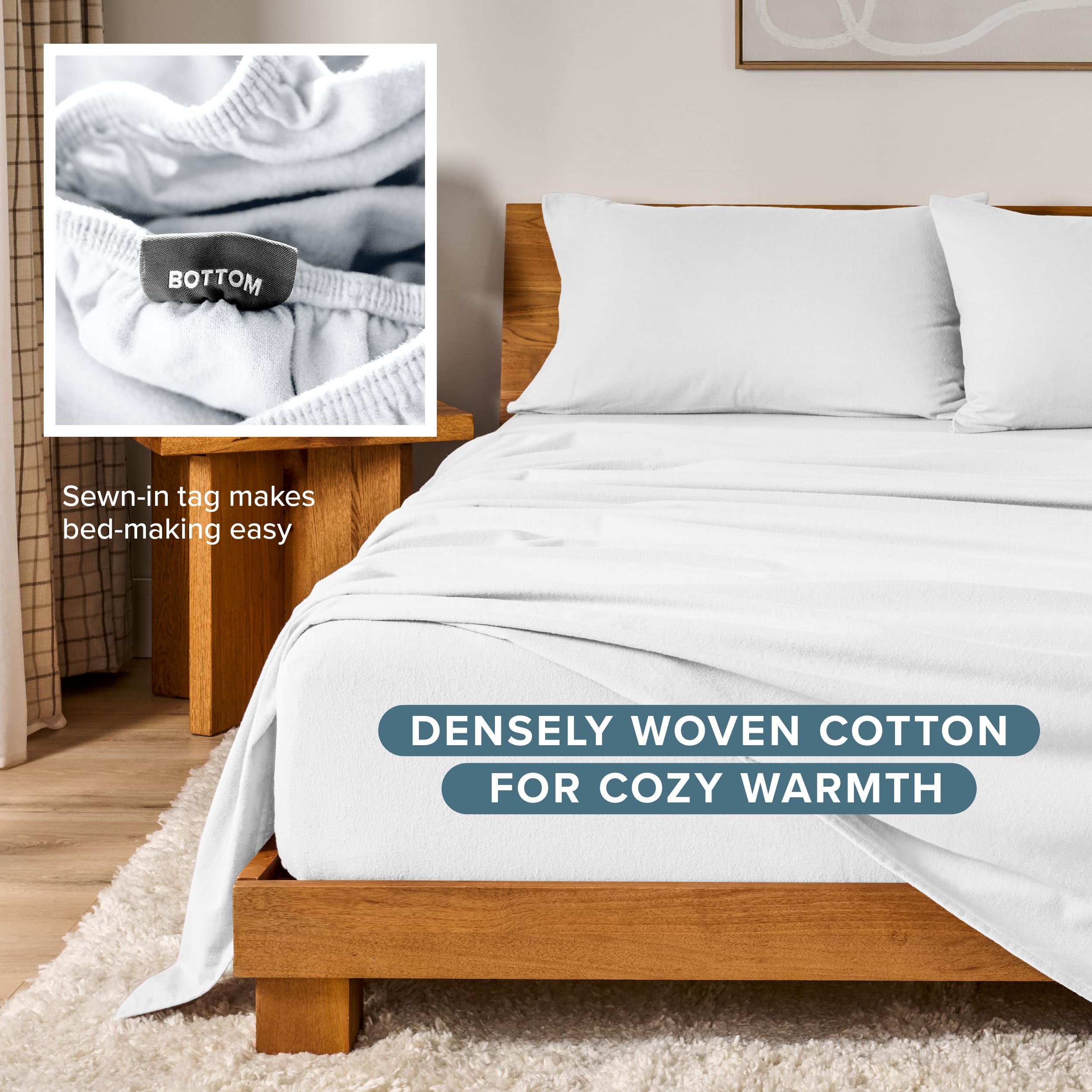 Bare Home flannel care guide image showing cold machine wash and gentle cycle tips.