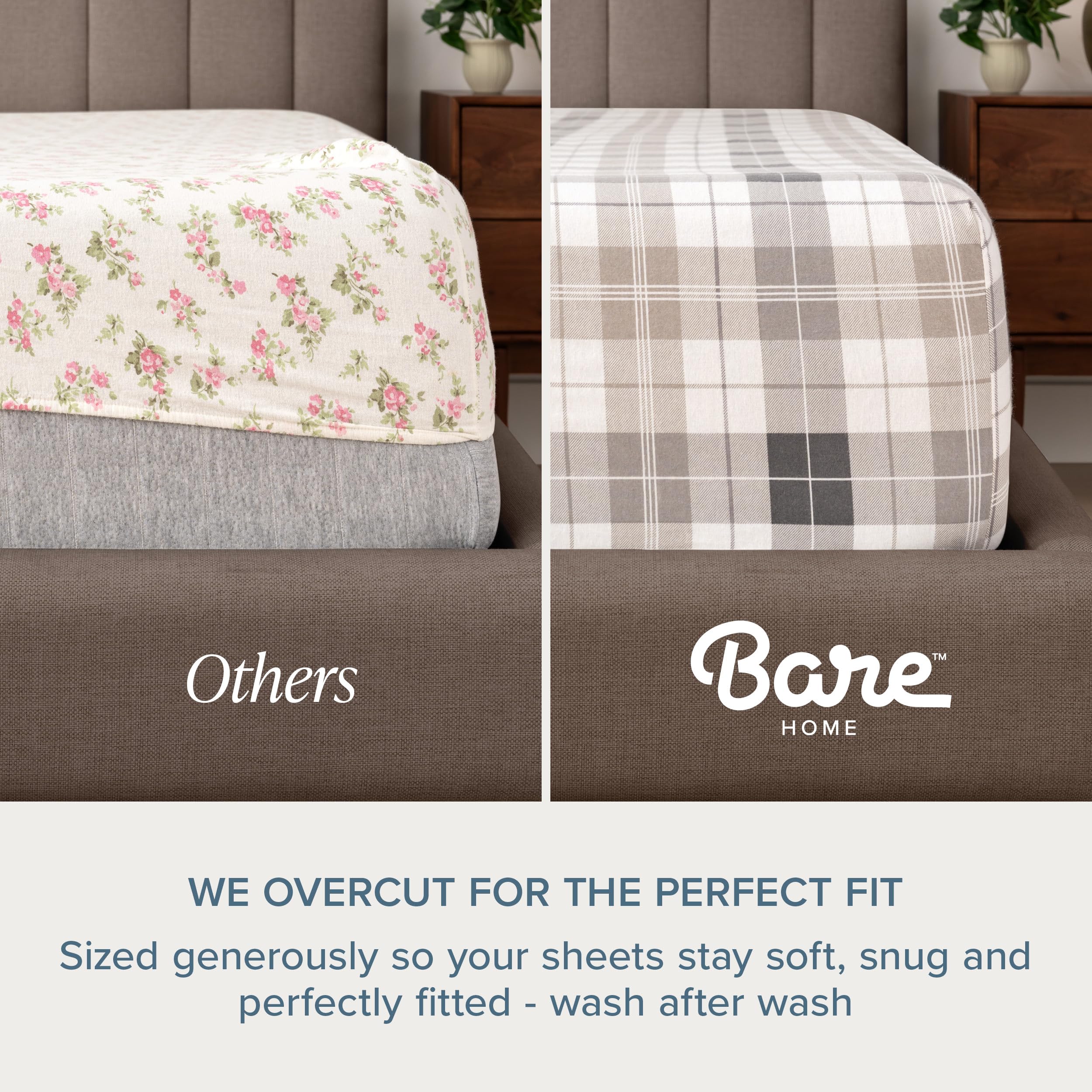 Bare Home flannel sheet surface with brushed texture suggests soft, cozy feel.