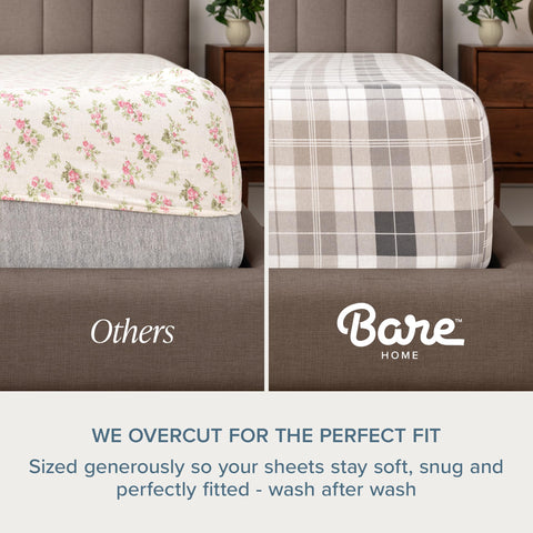 Bare Home flannel sheet surface with brushed texture suggests soft, cozy feel.