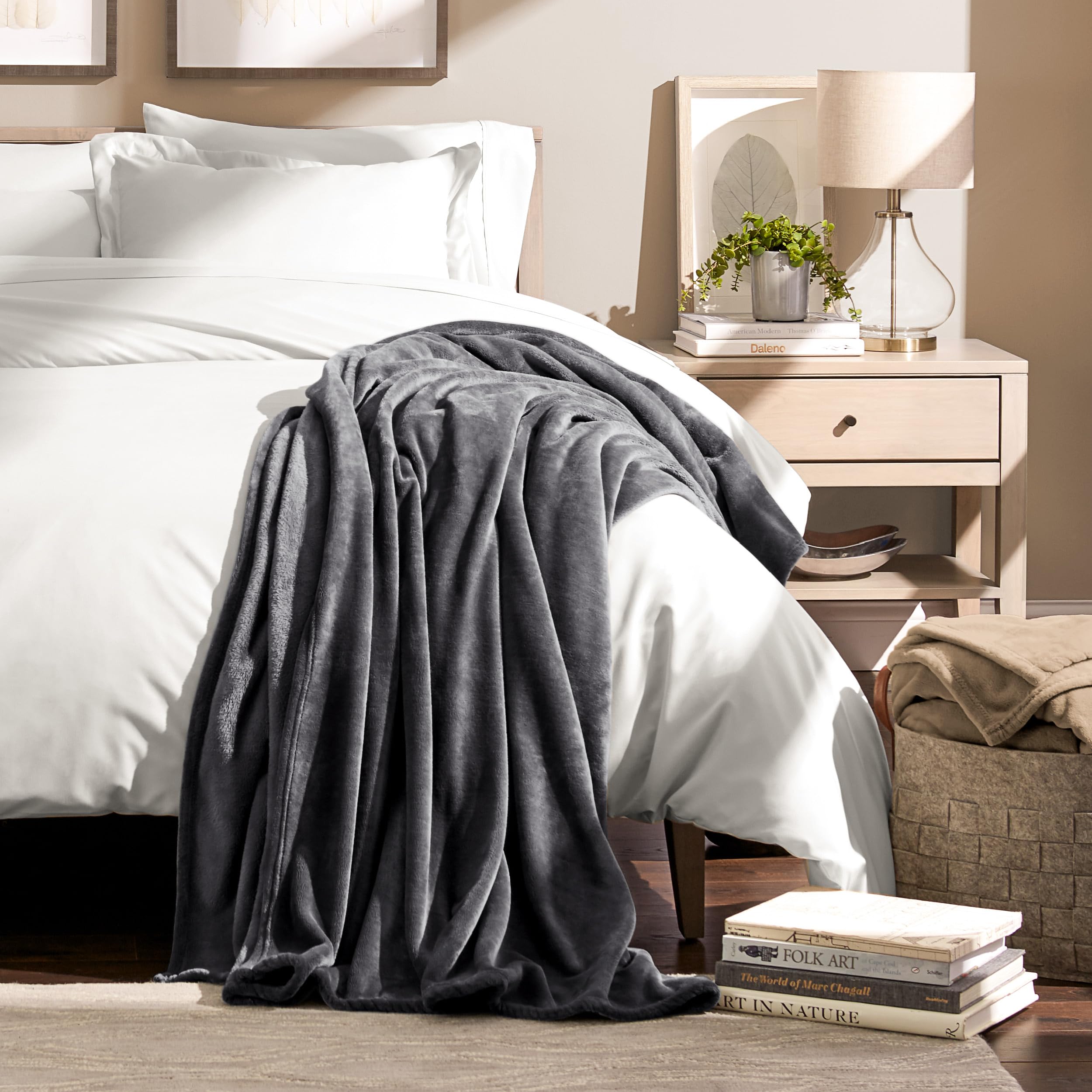 Bare Home fleece blanket microplush fabric highlights lightweight warmth suitable for year-round use