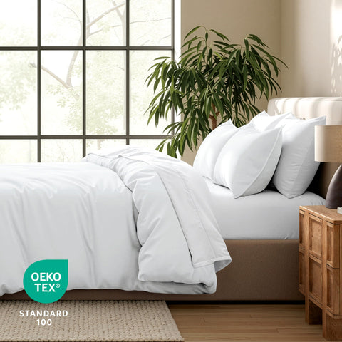 Bare Home hydro-brushed fabric texture close up on duvet cover.