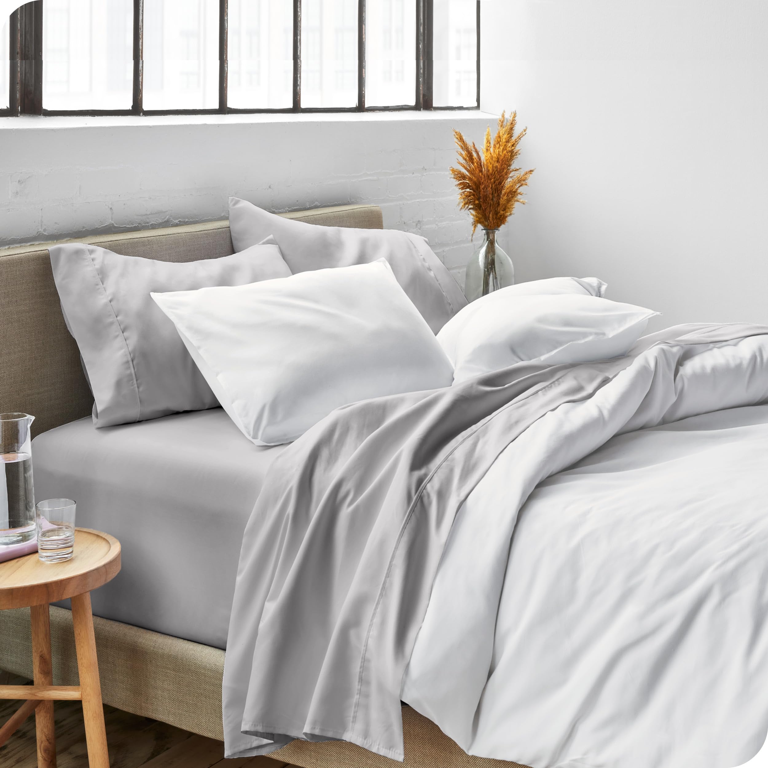 Bare Home Queen Sheet Set light grey color complements modern bedroom aesthetics.