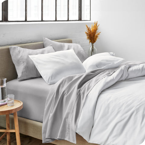 Bare Home Queen Sheet Set light grey color complements modern bedroom aesthetics.