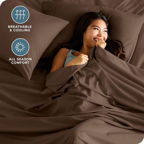 Bare Home fitted sheet shows all-around elastic for a secure overnight fit.
