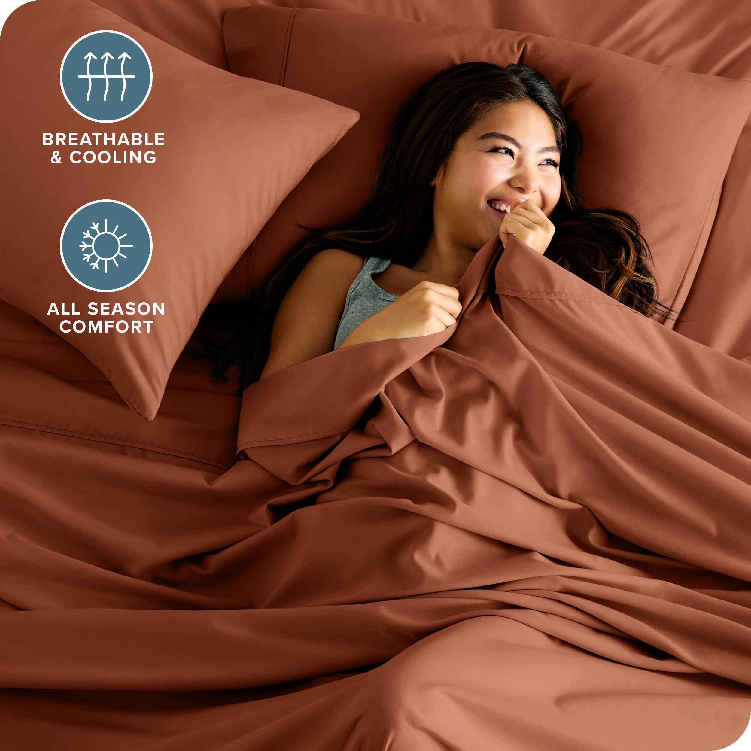 Bare Home terracotta pillowcases add smooth, easy-care bedding.