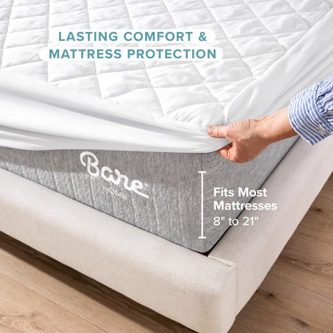 Bare Home quilted fitted mattress pad queen deep-pocket design ensures secure mattress fit.