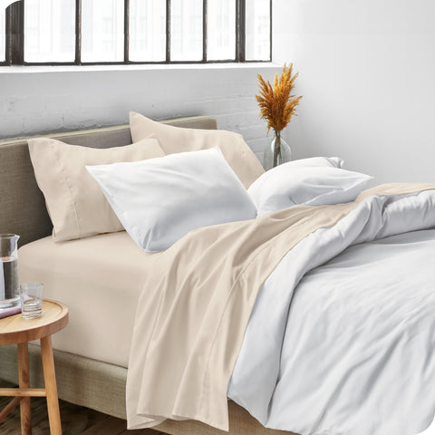 Bare Home Sand color bedding creates a warm, inviting bedroom look.