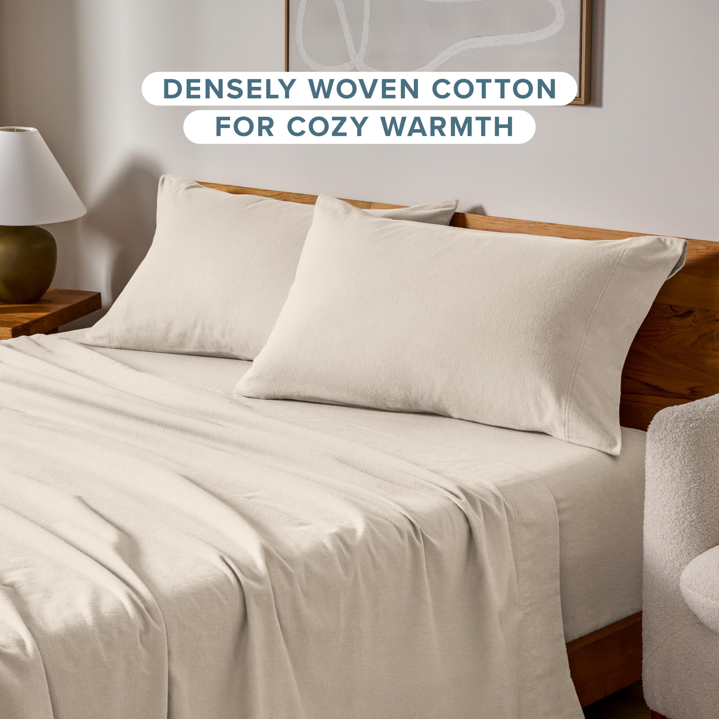 Bare Home sand pillowcase closeup highlights double-brushed weave for warmth