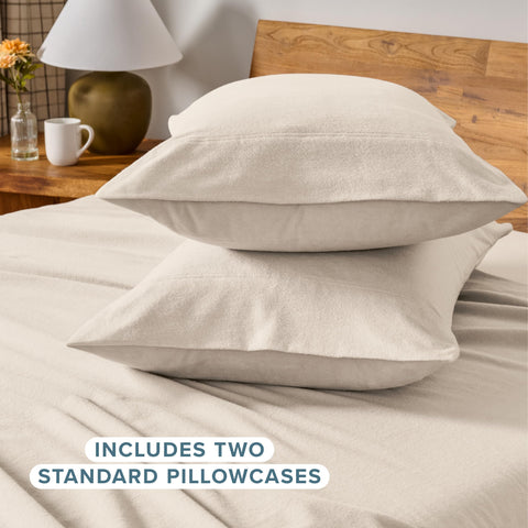 Bare Home sand flannel pillowcase folded to showcase premium finish