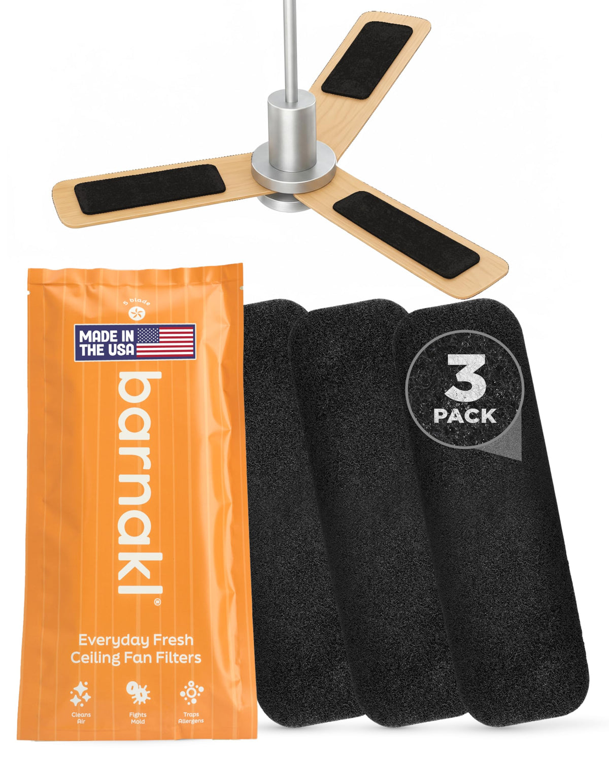 Barnakl ceiling fan filters attached to blades improve indoor air quality.