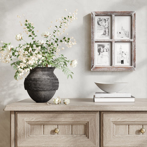 Rustic wood frame in distressed brown finish ideal for wall or shelf display
