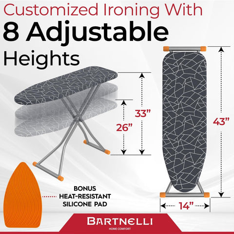 Bartnelli adjustable-height ironing board for personalized comfort during sessions.