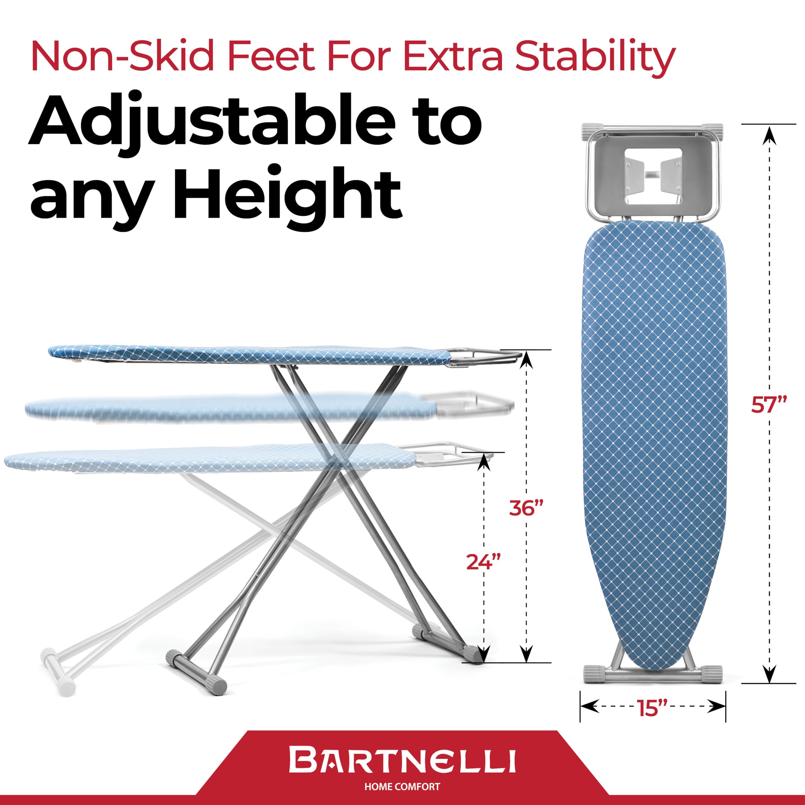 Bartnelli sturdy frame and cover reduce creases and support long ironing sessions