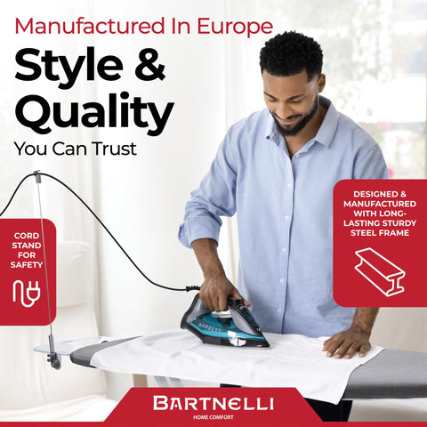 Bartnelli ironing board surface 19x48 inches for large garments.