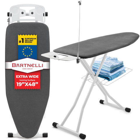 Bartnelli Extra Wide Pro ironing board with iron rest for organized ironing.