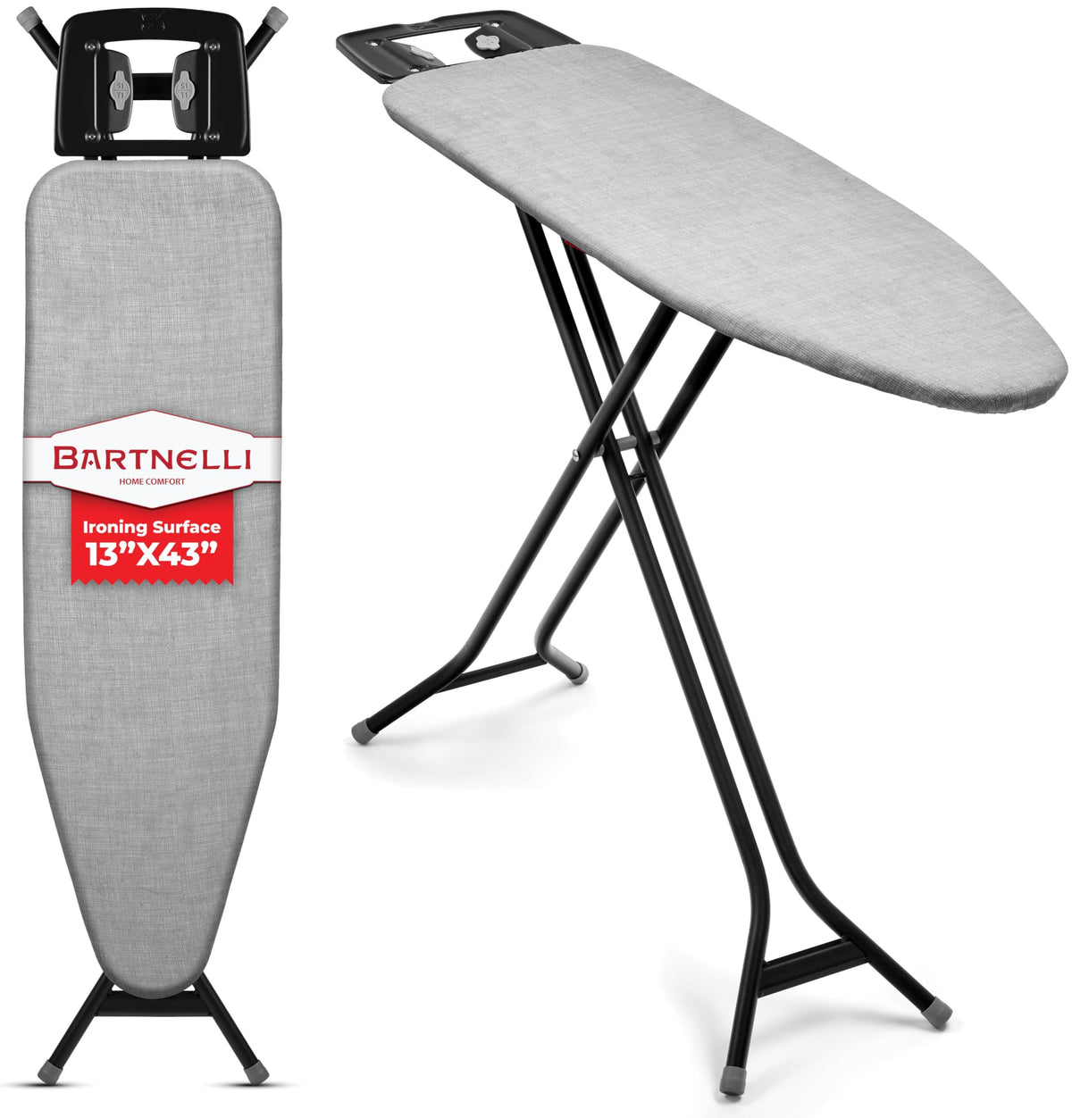 Bartnelli extreme stability ironing board with a 43x13 surface for precise pressing.
