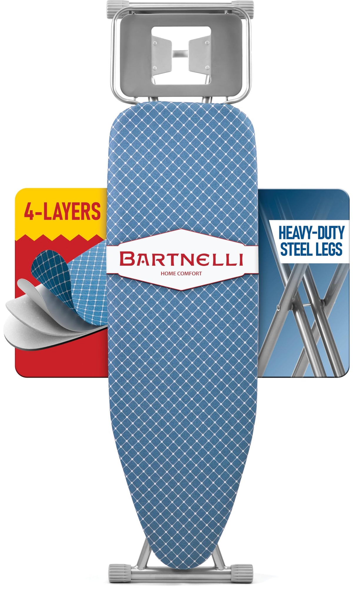 Bartnelli full-size ironing board surface for shirts and linens, generous workspace