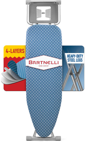 Bartnelli full-size ironing board surface for shirts and linens, generous workspace
