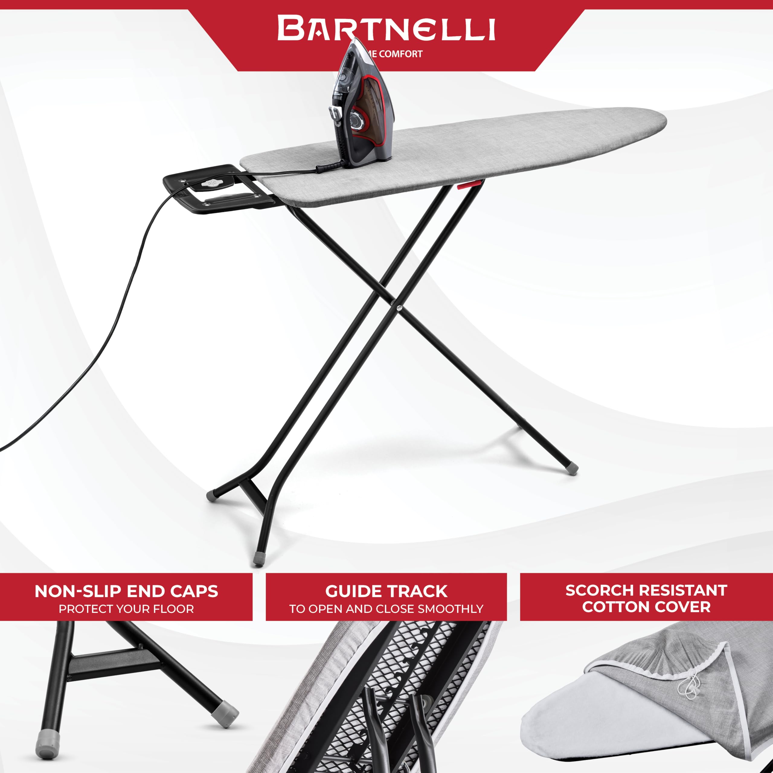 Bartnelli ironing board with height adjustable feature for comfortable use.