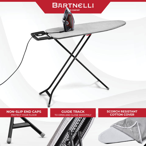 Bartnelli ironing board with height adjustable feature for comfortable use.