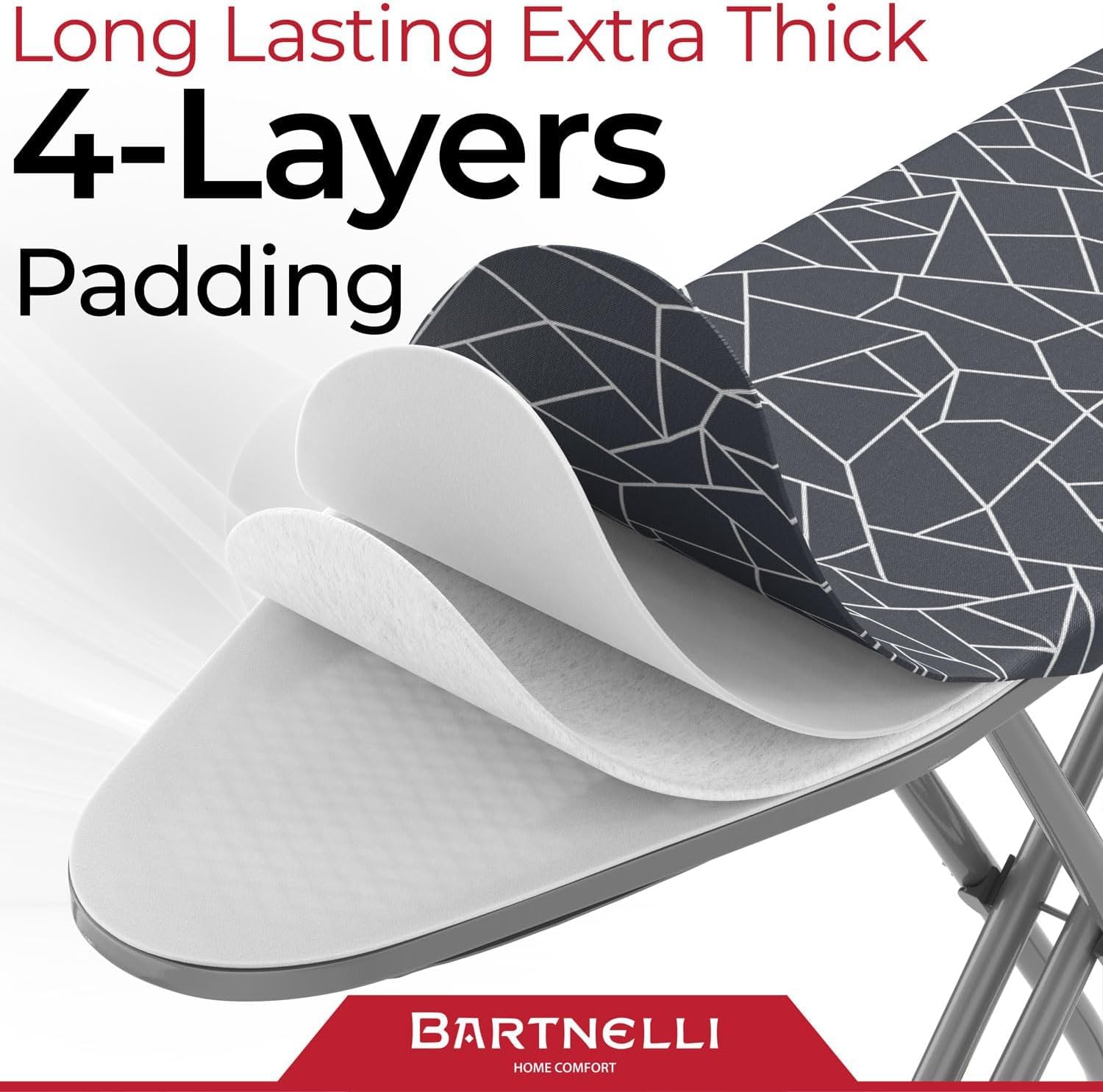 Bartnelli ironing board open with a 13x43 surface for daily ironing tasks.