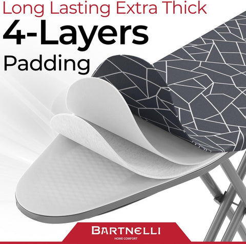 Bartnelli ironing board open with a 13x43 surface for daily ironing tasks.