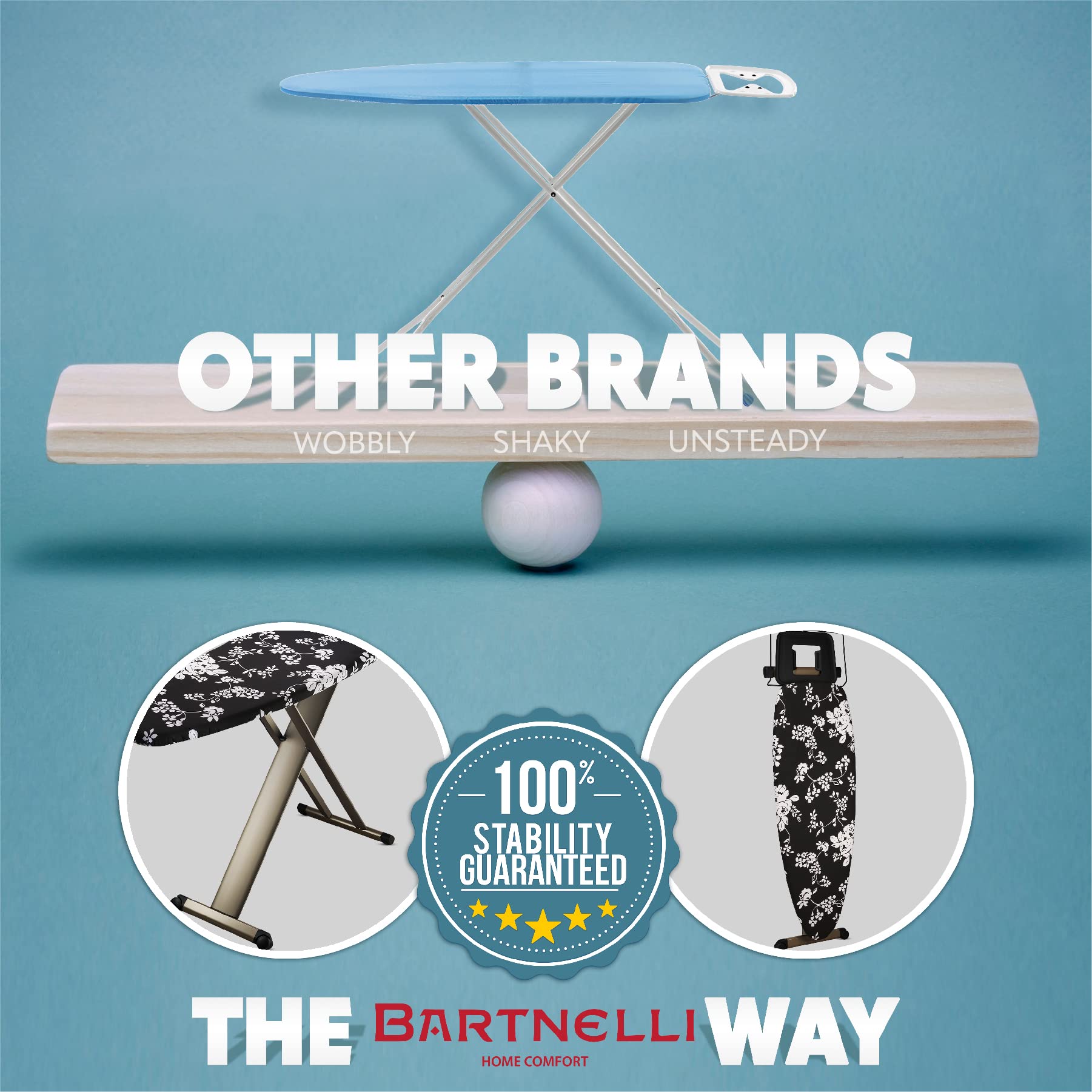 Bartnelli Pro Luxury height adjustable 30–38 inches for comfortable ironing.